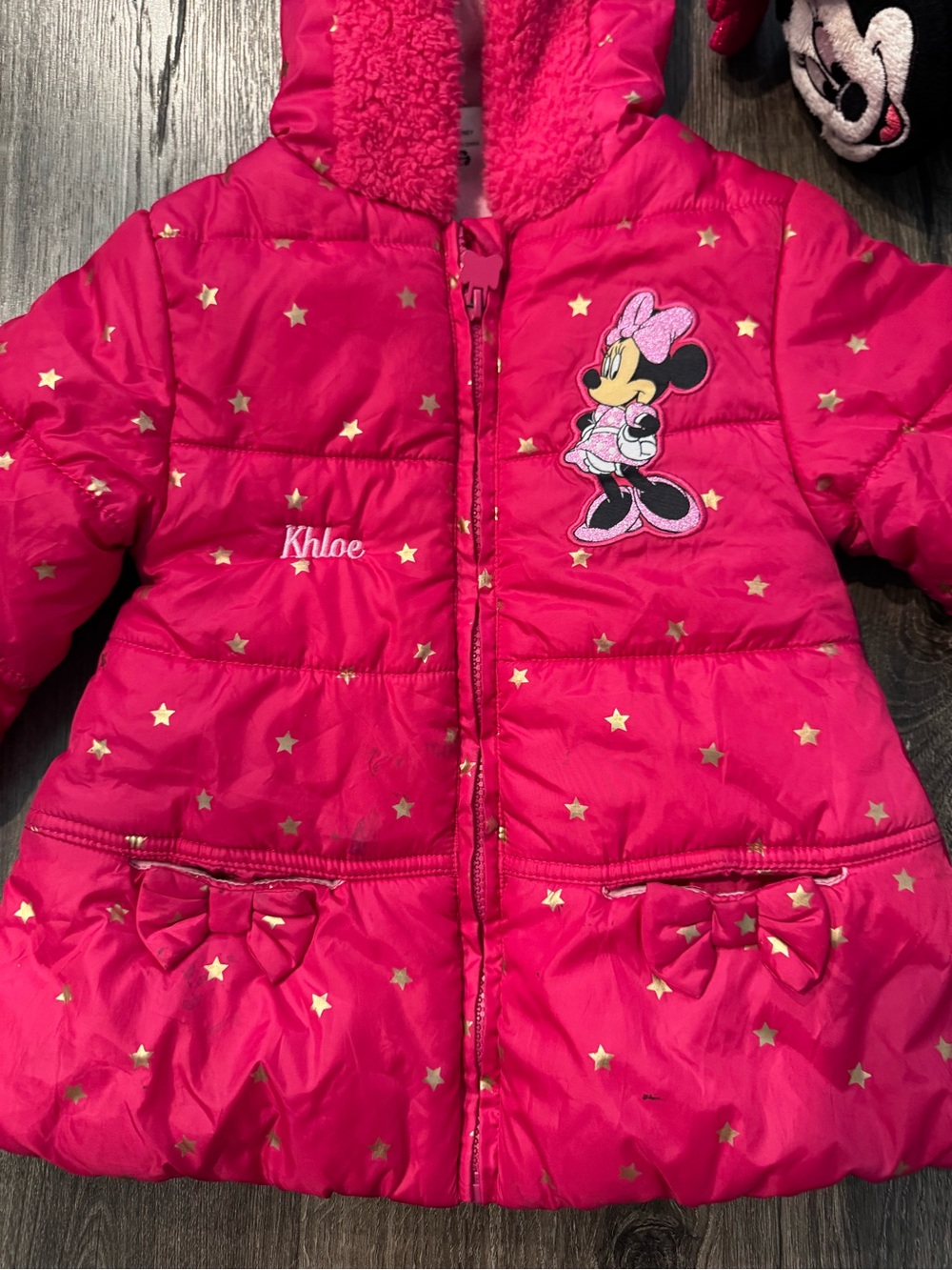 Disney Minnie Mouse Bright Pink Minnie Mouse Star Puffer Jacket with Ear muffs